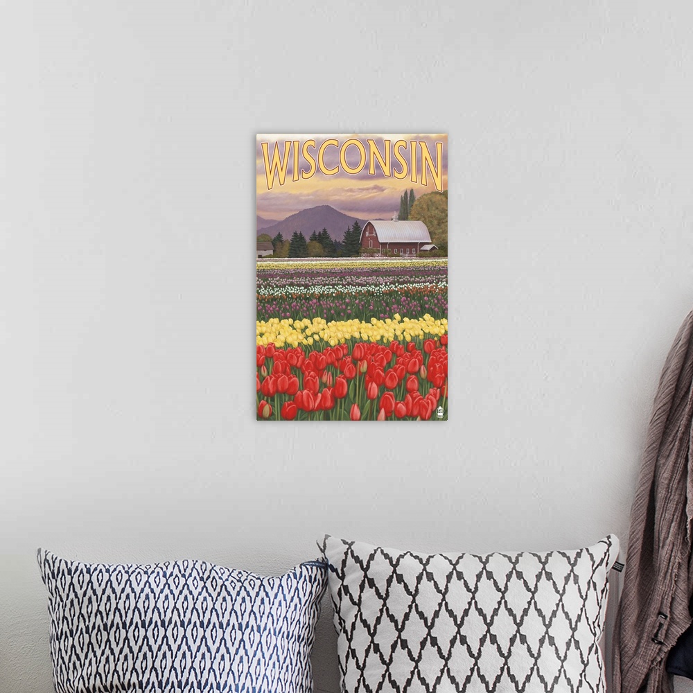 A bohemian room featuring Tulip Fields - Wisconsin: Retro Travel Poster