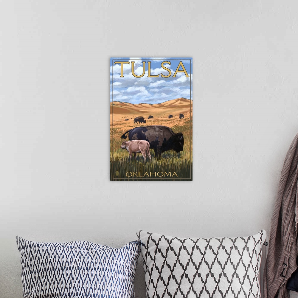 A bohemian room featuring Tulsa, Oklahoma - Buffalo and Calf: Retro Travel Poster
