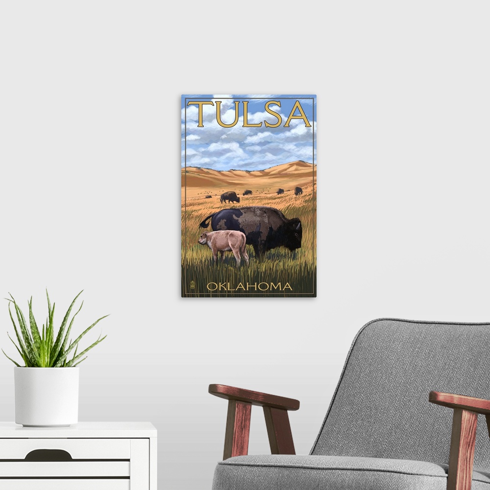 A modern room featuring Tulsa, Oklahoma - Buffalo and Calf: Retro Travel Poster