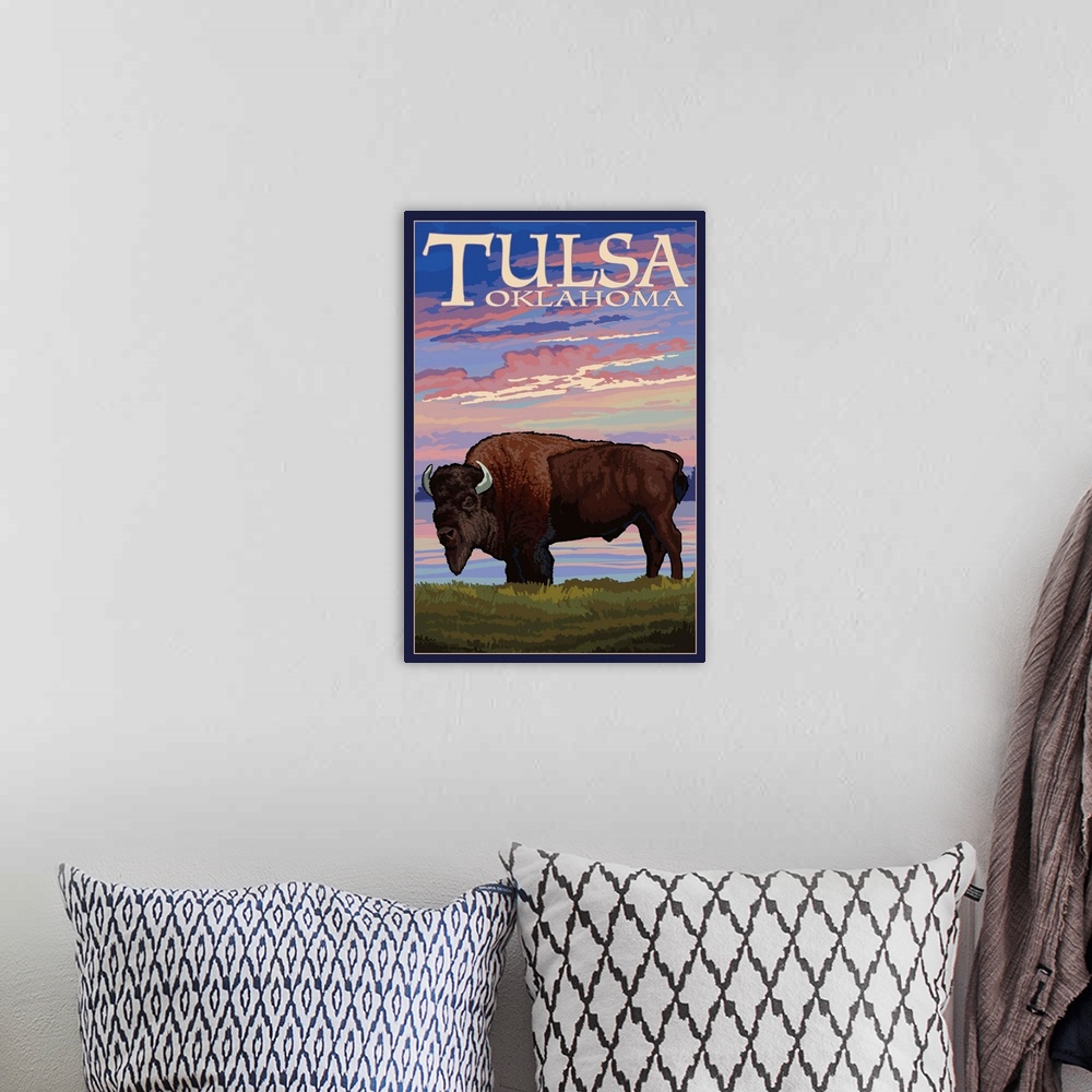 A bohemian room featuring Tulsa, Oklahoma - Buffalo and Sunset: Retro Travel Poster