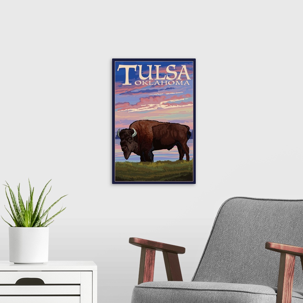 A modern room featuring Tulsa, Oklahoma - Buffalo and Sunset: Retro Travel Poster
