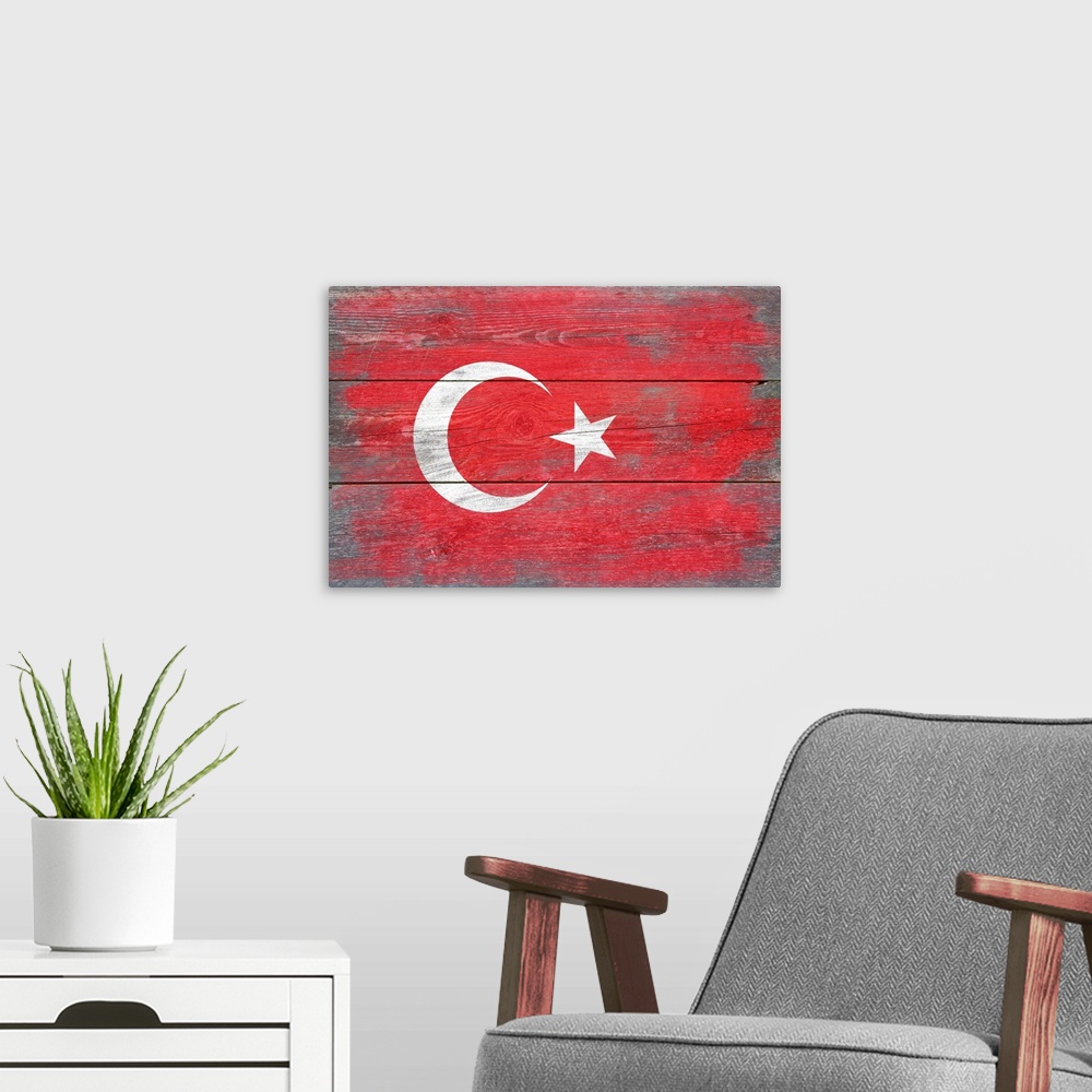 A modern room featuring The flag of Turkey with a weathered wooden board effect.