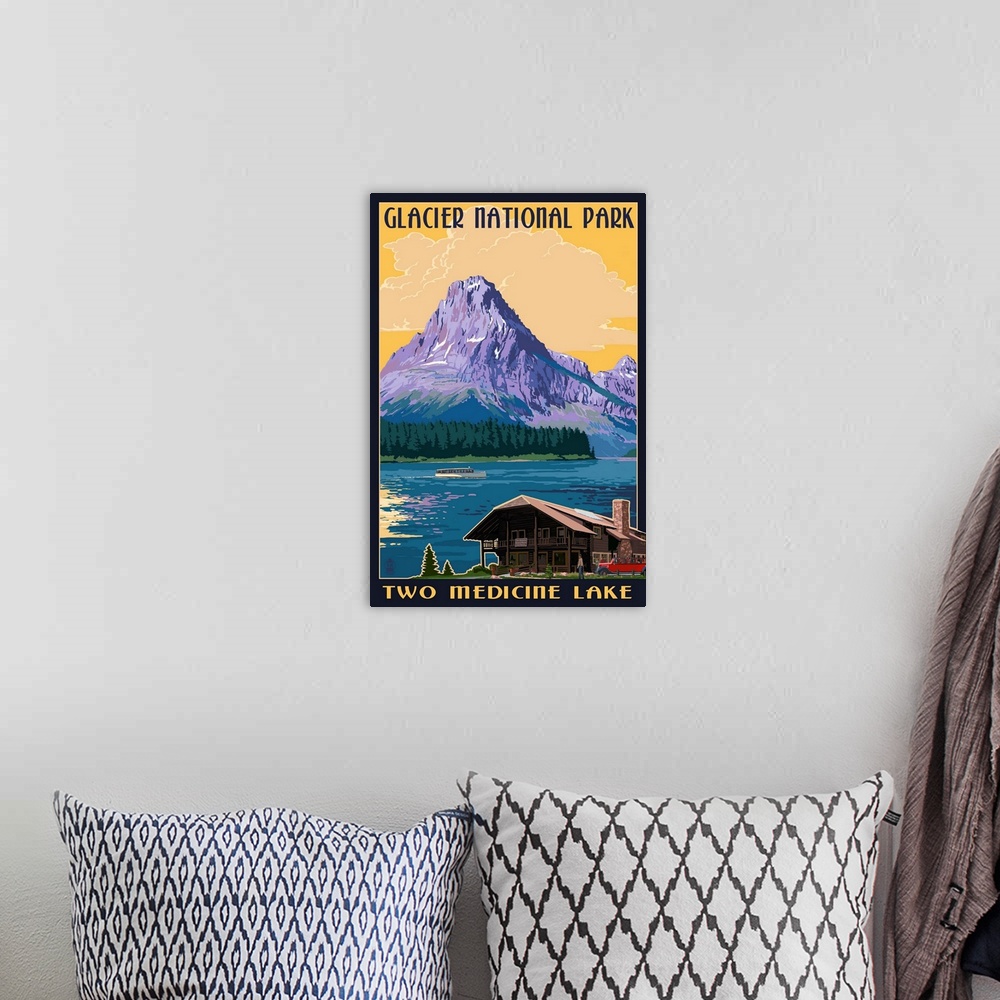 A bohemian room featuring Two Medicine Lake - Glacier National Park, Montana: Retro Travel Poster