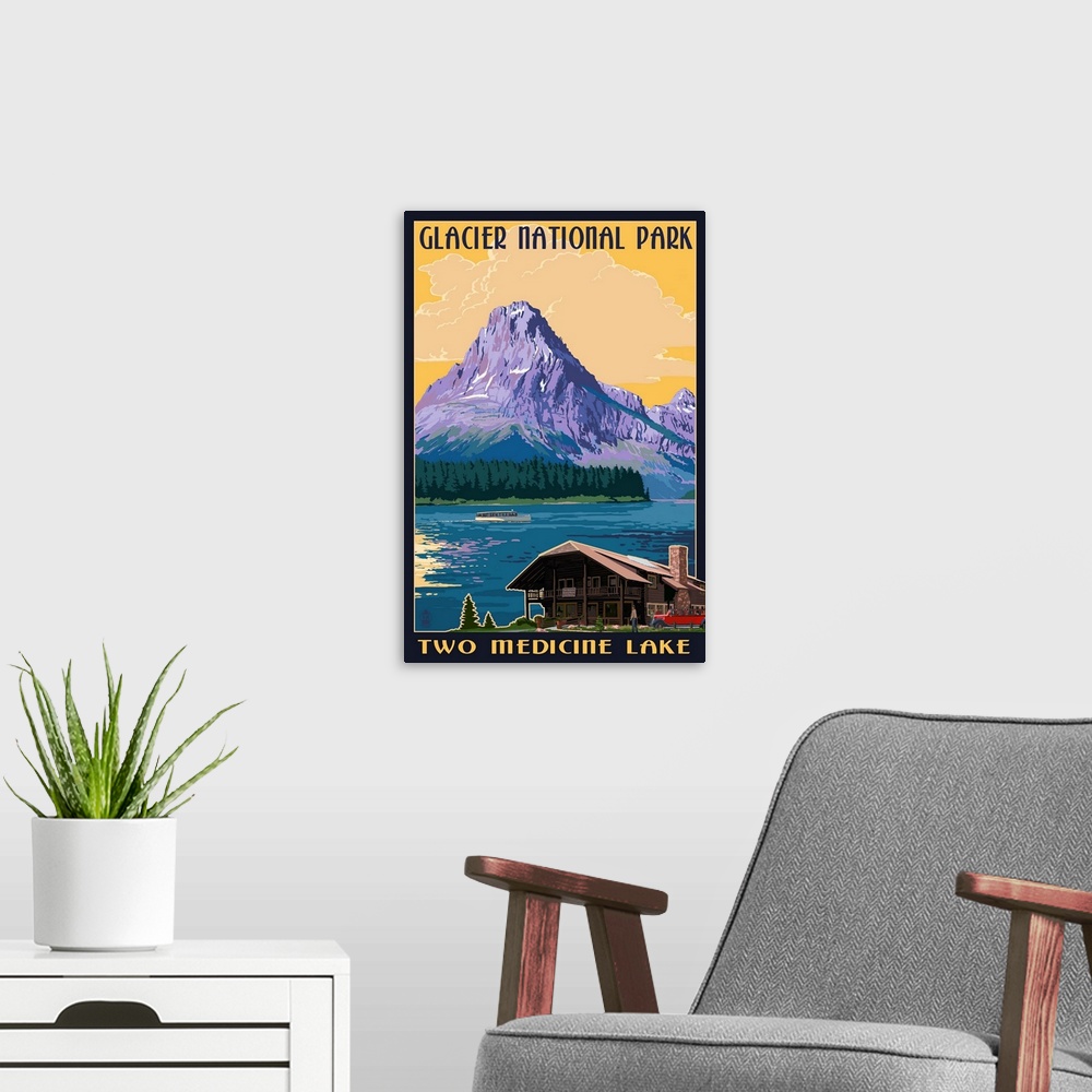 A modern room featuring Two Medicine Lake - Glacier National Park, Montana: Retro Travel Poster