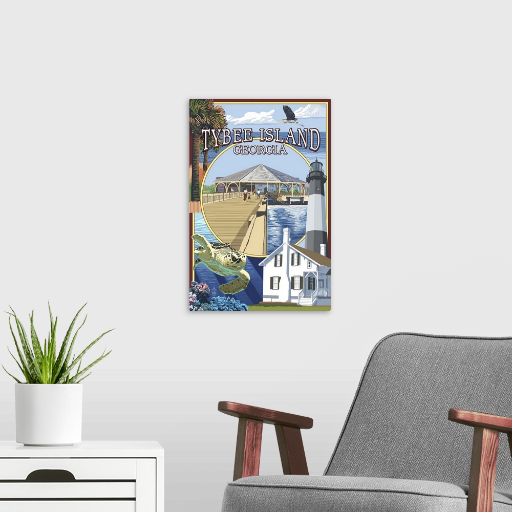 A modern room featuring Retro stylized art poster of a montage of images. A lighthouse, crab, and a pier