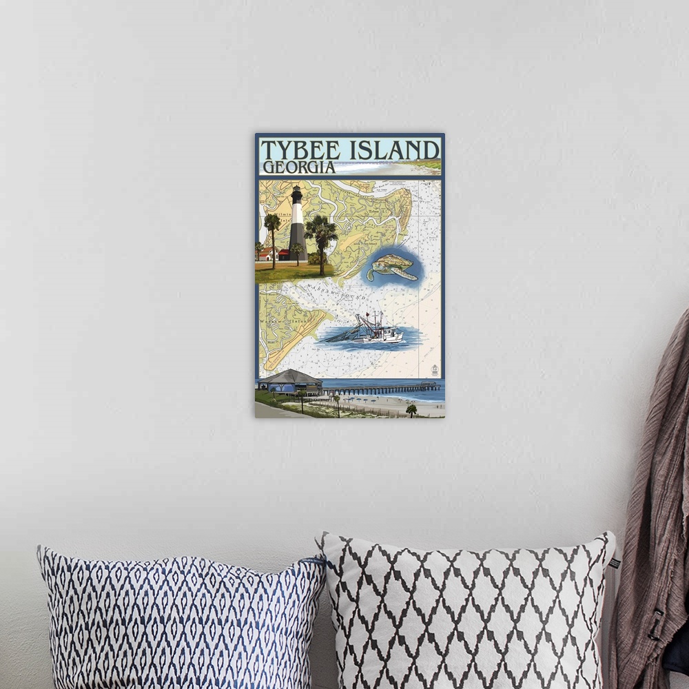 A bohemian room featuring Retro stylized art poster of a map with different locations of the are on it.