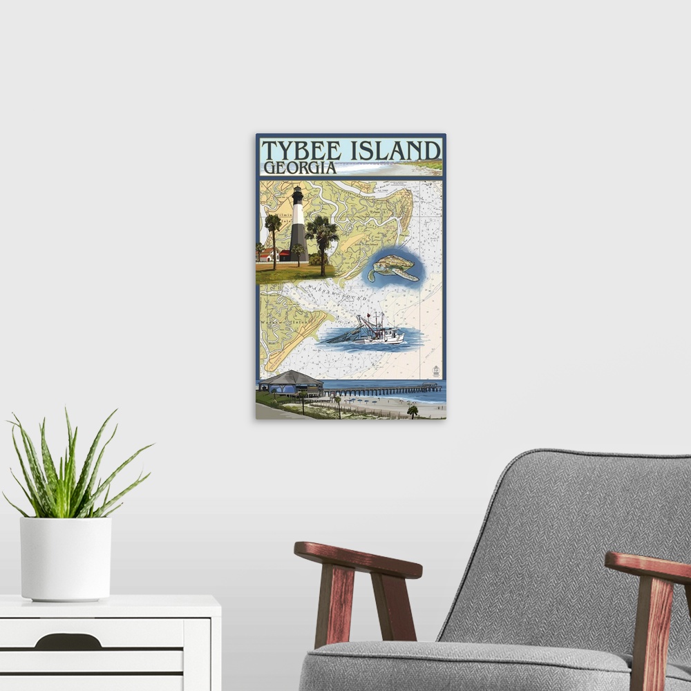 A modern room featuring Retro stylized art poster of a map with different locations of the are on it.
