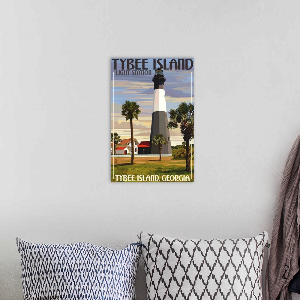 A bohemian room featuring Retro stylized art poster of a lighthouse surrounded by palm trees.