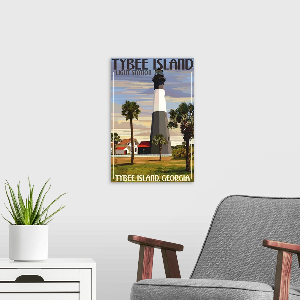 A modern room featuring Retro stylized art poster of a lighthouse surrounded by palm trees.