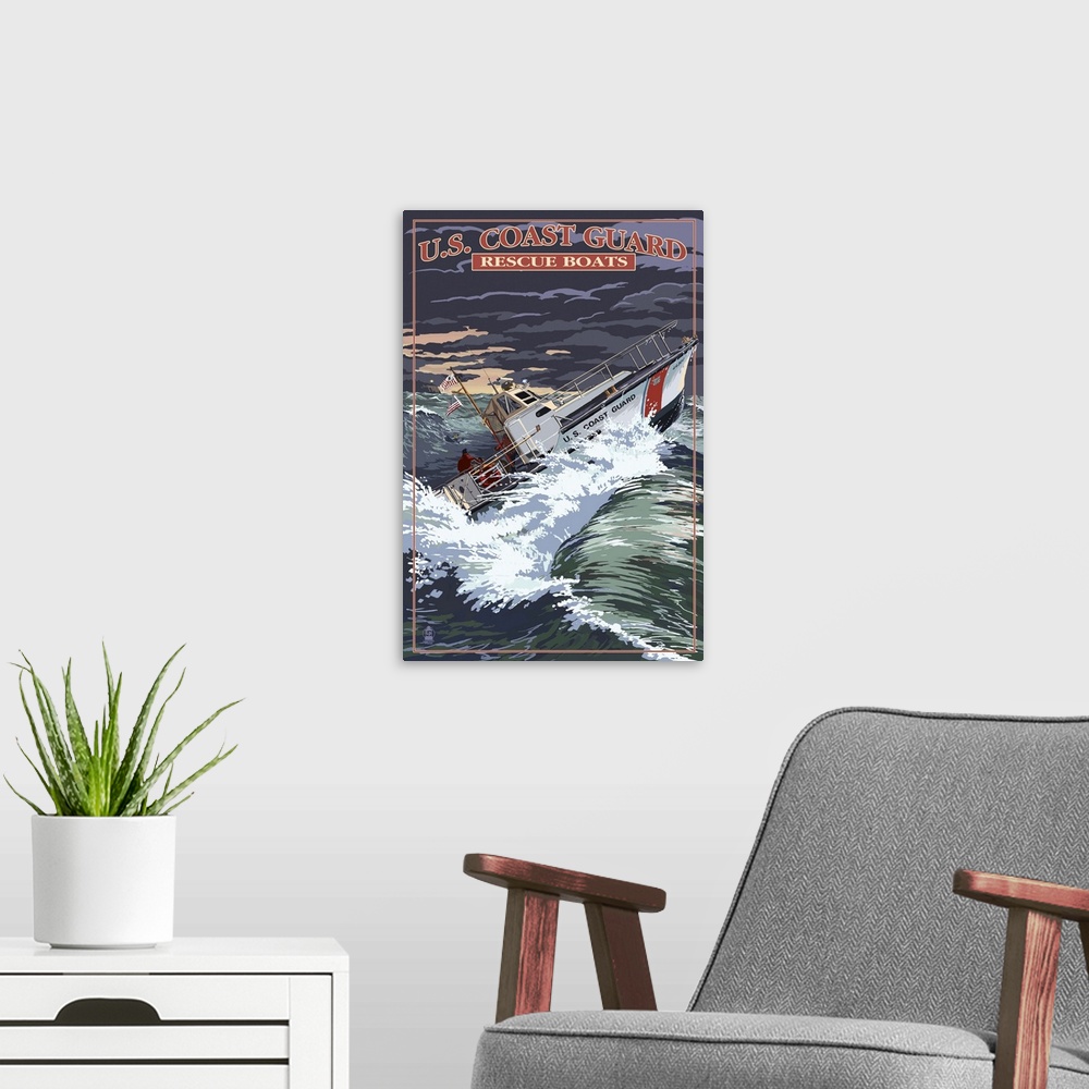 A modern room featuring U.S. Coast Guard - 44 Foot Motor Life Boat: Retro Travel Poster