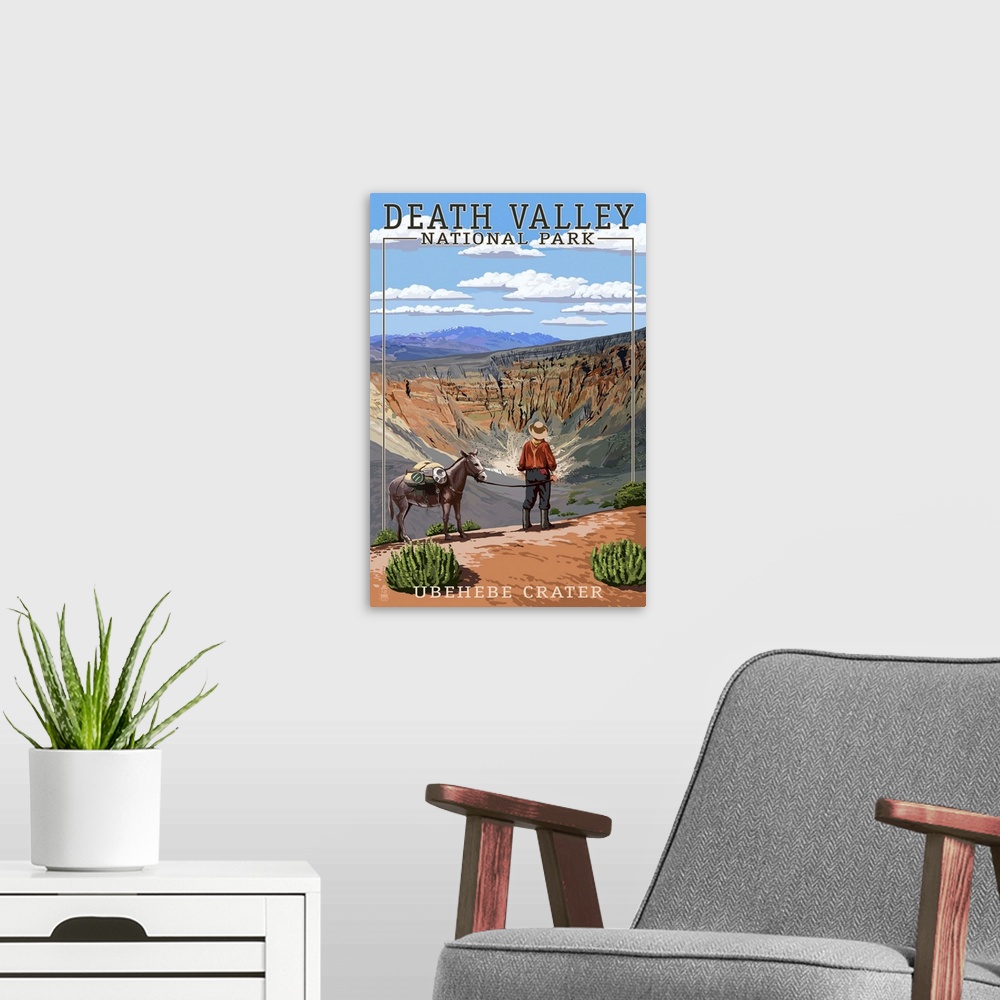 A modern room featuring Retro stylized art poster of a man and a donkey overlooking a desert valley.
