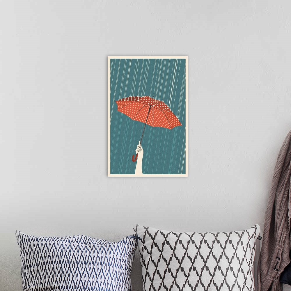 A bohemian room featuring Umbrella - Letterpress: Retro Art Poster