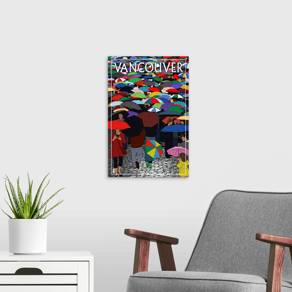 A modern room featuring Retro stylized art poster of a large group of different colored umbrellas being held by people.