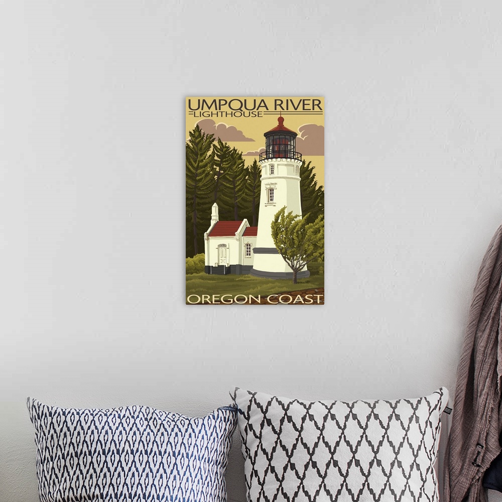 A bohemian room featuring Umpqua River Lighthouse - Oregon: Retro Travel Poster