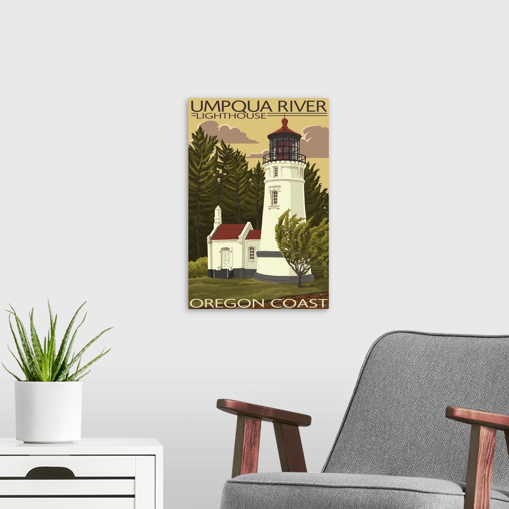 A modern room featuring Umpqua River Lighthouse - Oregon: Retro Travel Poster