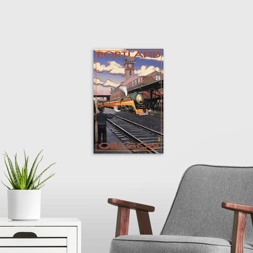 A modern room featuring Union Train Station - Portland, Oregon: Retro Travel Poster
