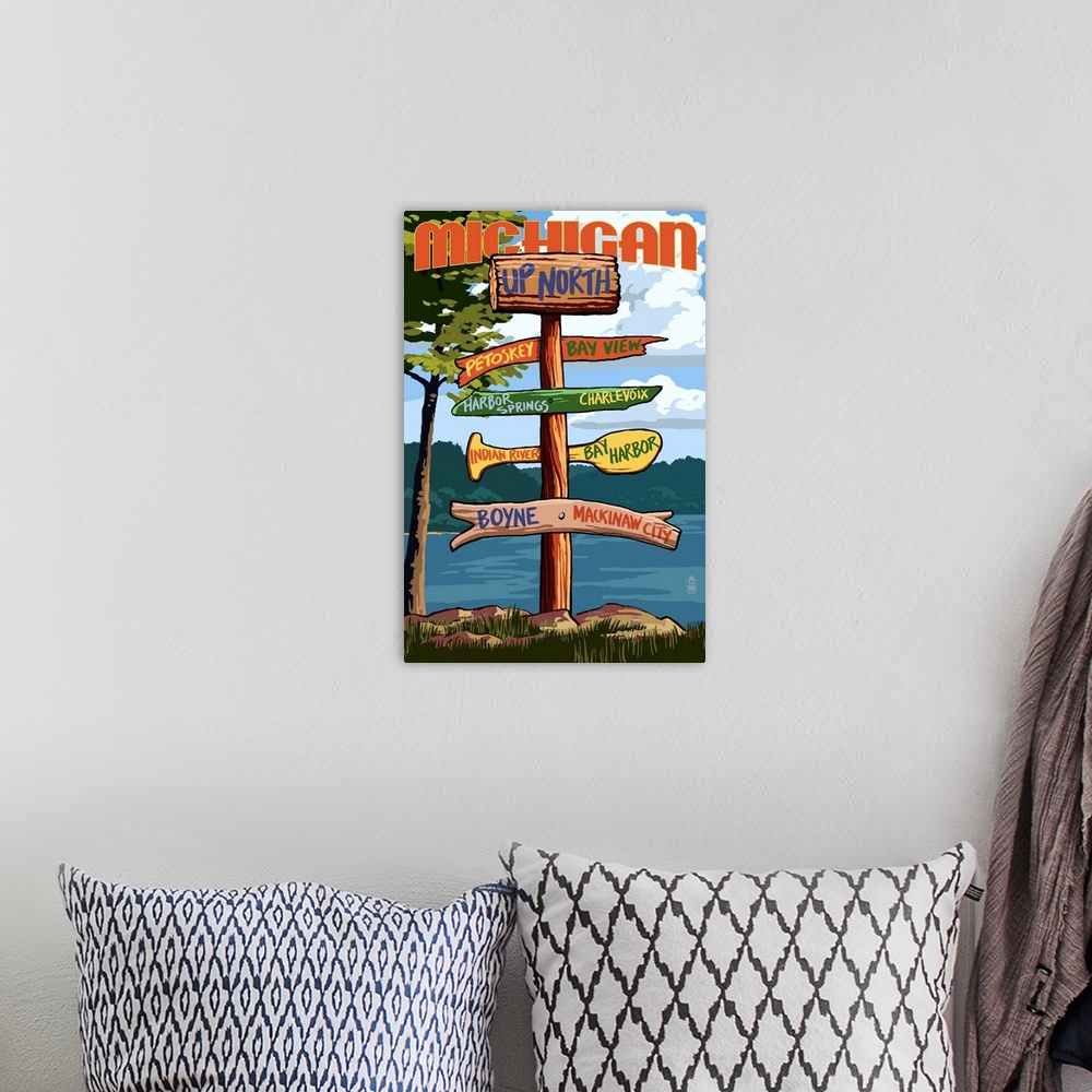 A bohemian room featuring Up North, Michigan - Sign Destinations: Retro Travel Poster