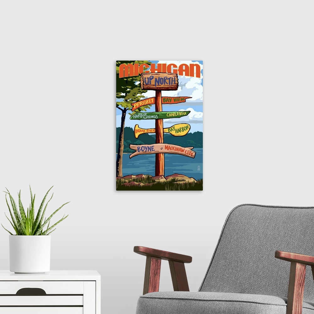 A modern room featuring Up North, Michigan - Sign Destinations: Retro Travel Poster