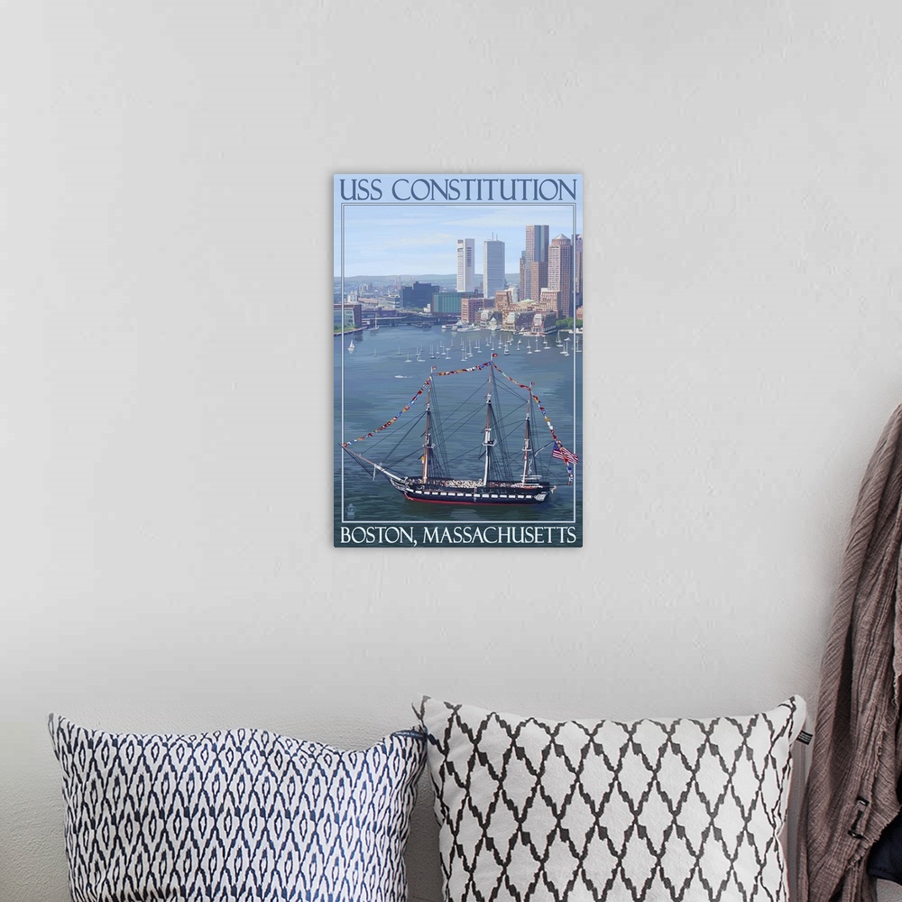 A bohemian room featuring USS Constitution and Boston Skyline