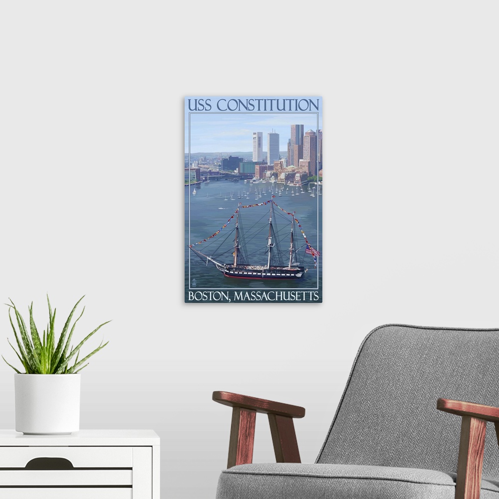 A modern room featuring USS Constitution and Boston Skyline