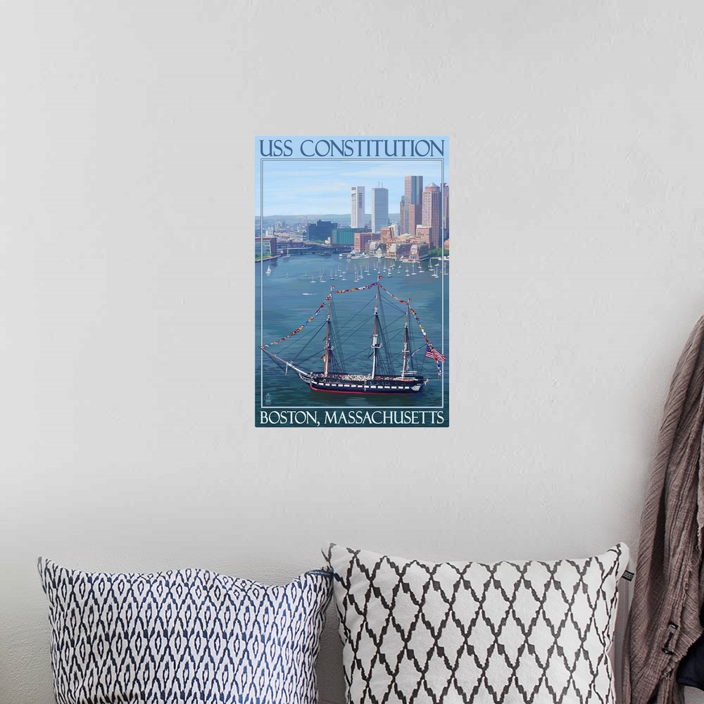 A bohemian room featuring Retro stylized art poster of an aerial view of an old naval warship. With a city skyline in the b...