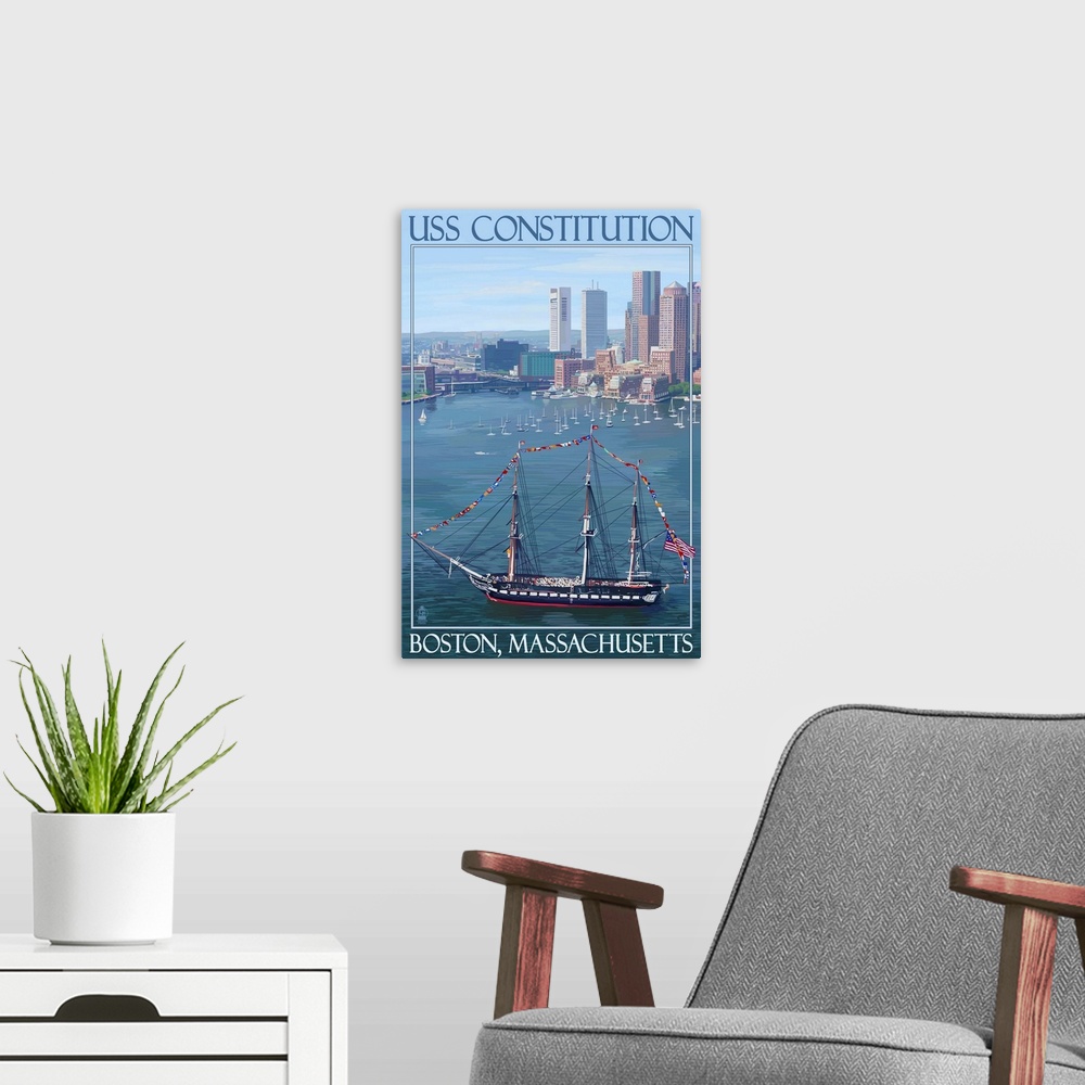 A modern room featuring Retro stylized art poster of an aerial view of an old naval warship. With a city skyline in the b...