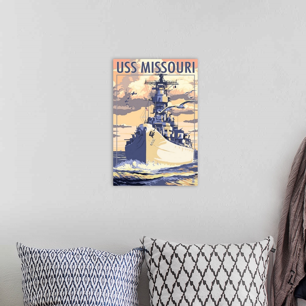 A bohemian room featuring USS Missouri, Sunset Scene