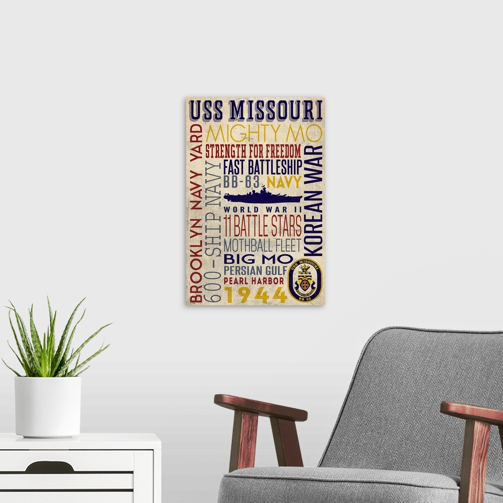 A modern room featuring USS Missouri, Typography