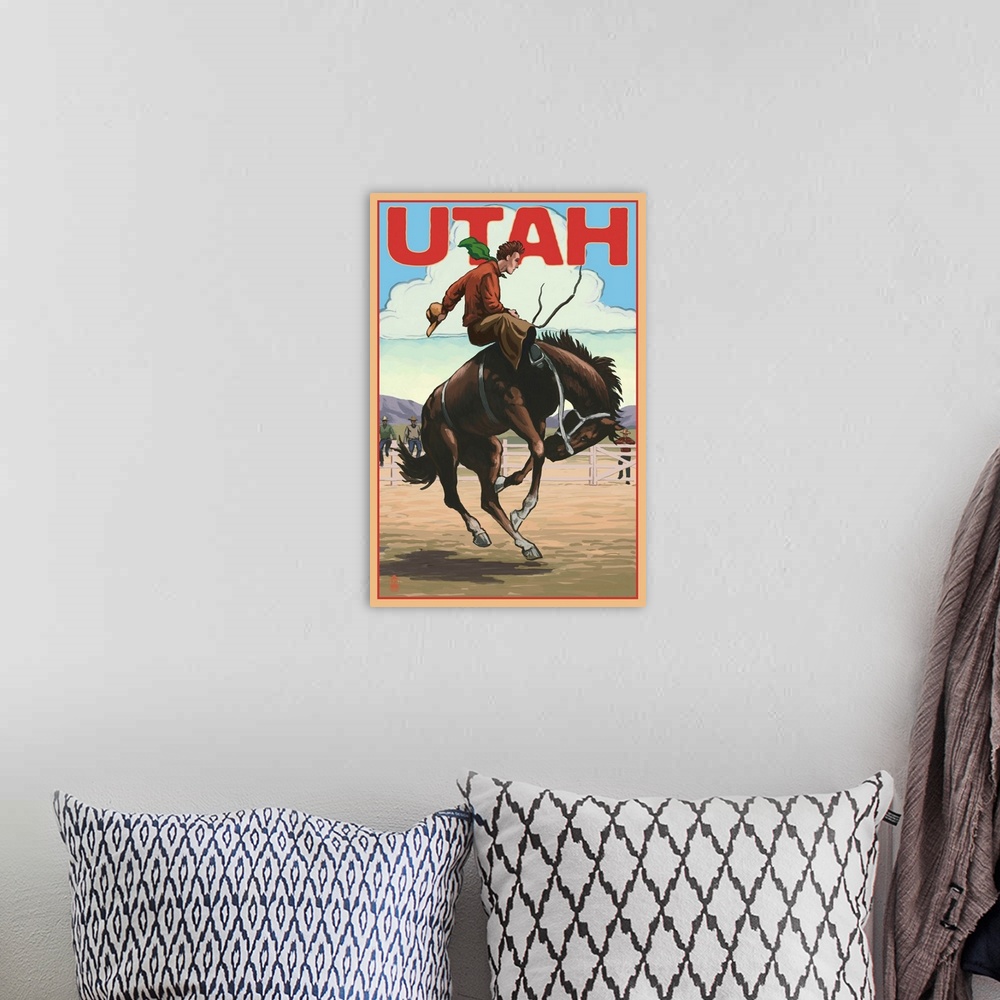 A bohemian room featuring Utah - Bronco Bucking: Retro Travel Poster