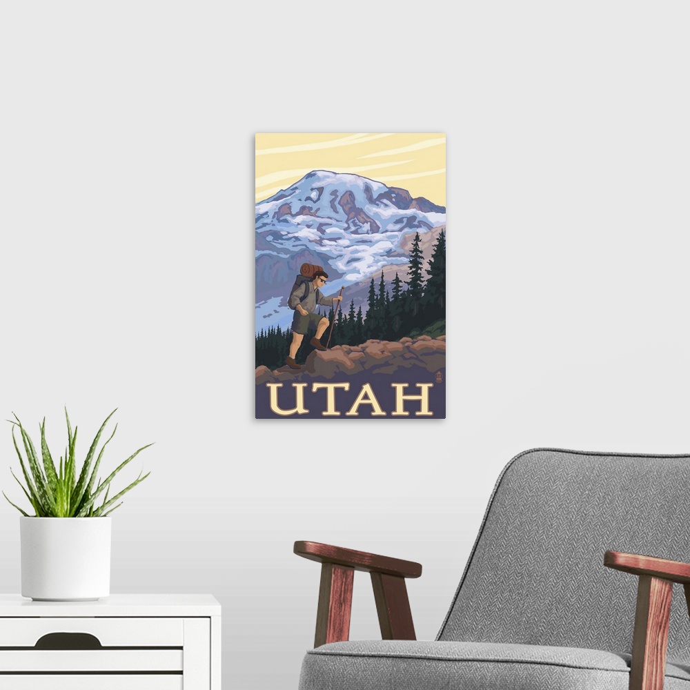 A modern room featuring Utah - Mountain Hiker: Retro Travel Poster