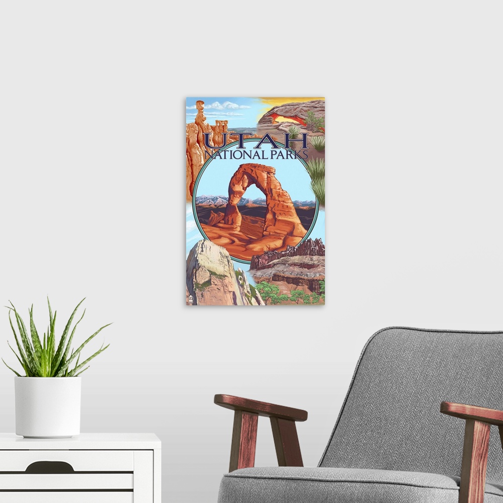 A modern room featuring Utah National Parks - Delicate Arch Center: Retro Travel Poster