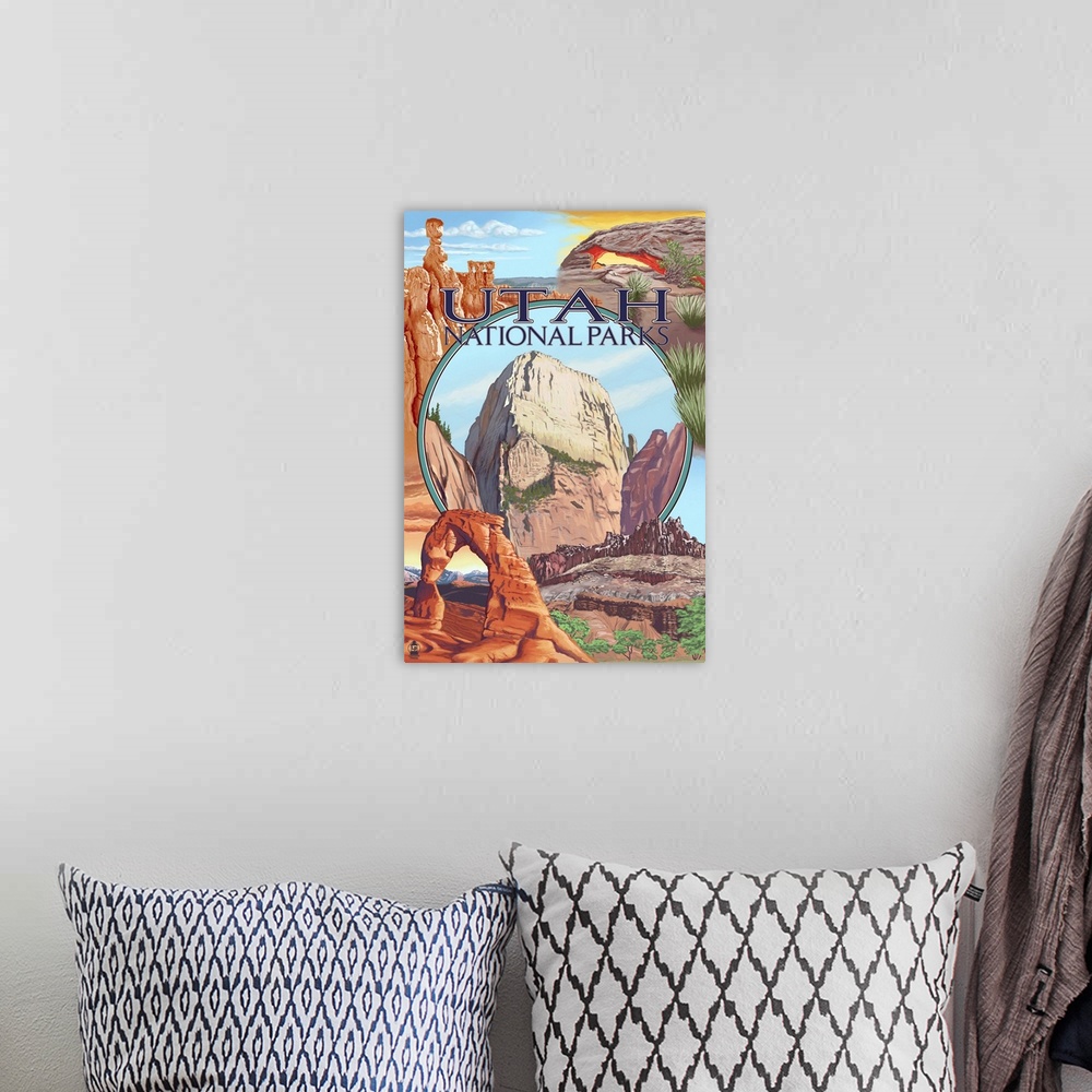 A bohemian room featuring Utah National Parks - Zion in Center: Retro Travel Poster