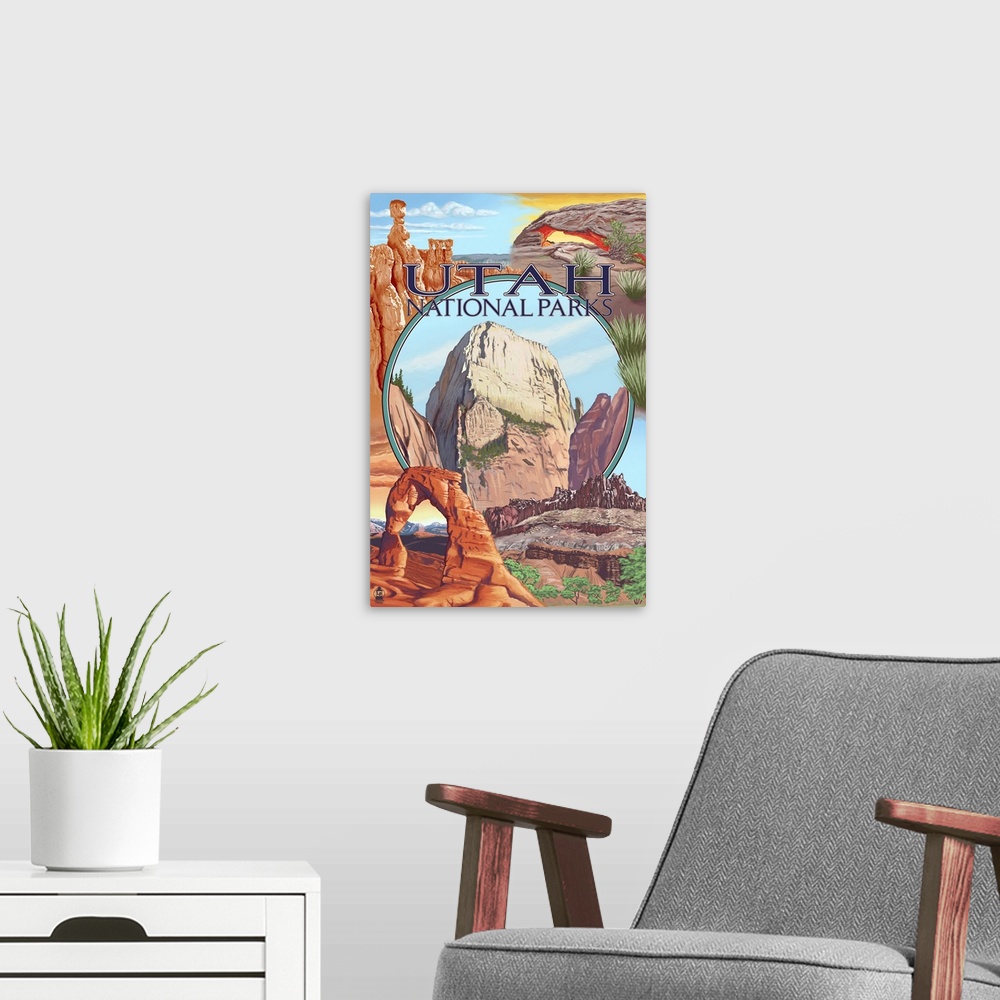 A modern room featuring Utah National Parks - Zion in Center: Retro Travel Poster