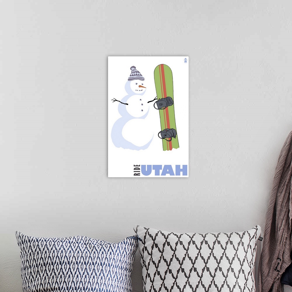 A bohemian room featuring Utah - Snowman with Snowboard: Retro Travel Poster