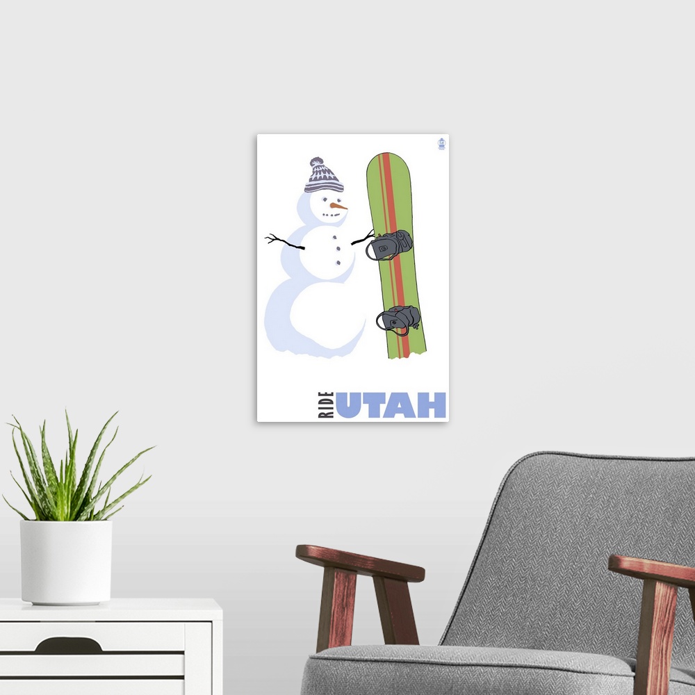 A modern room featuring Utah - Snowman with Snowboard: Retro Travel Poster