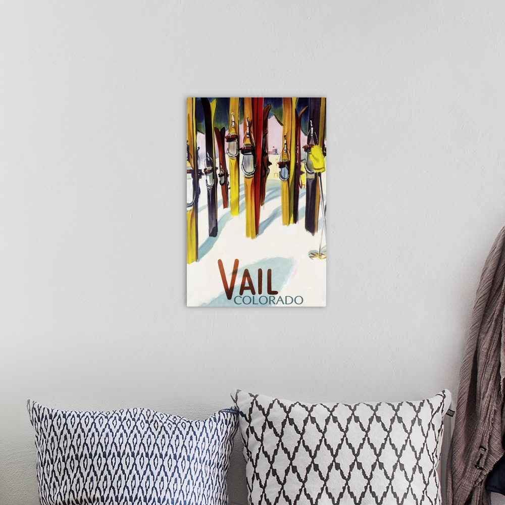 A bohemian room featuring Vail, CO - Colorful Skis: Retro Travel Poster