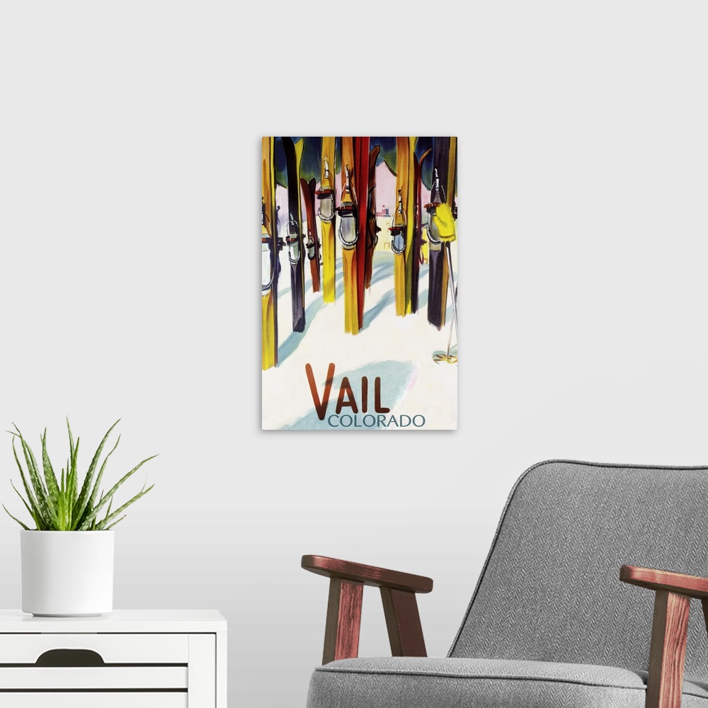 A modern room featuring Vail, CO - Colorful Skis: Retro Travel Poster