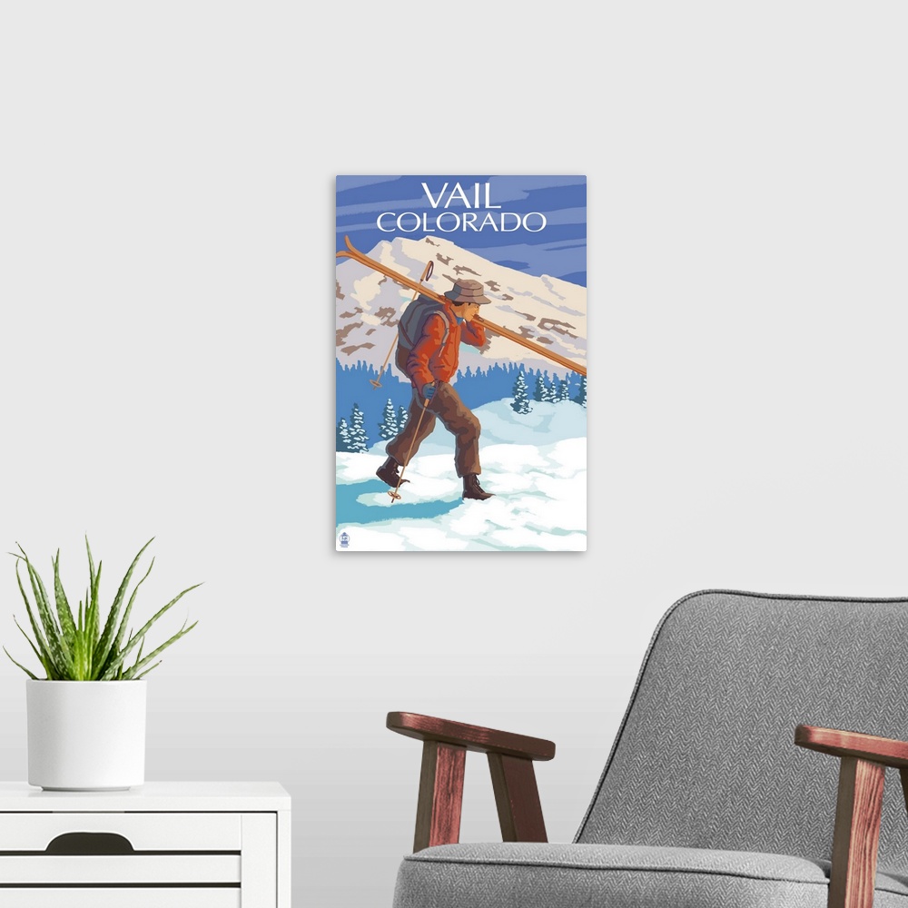 A modern room featuring Vail, CO - Skier Carrying Skis: Retro Travel Poster
