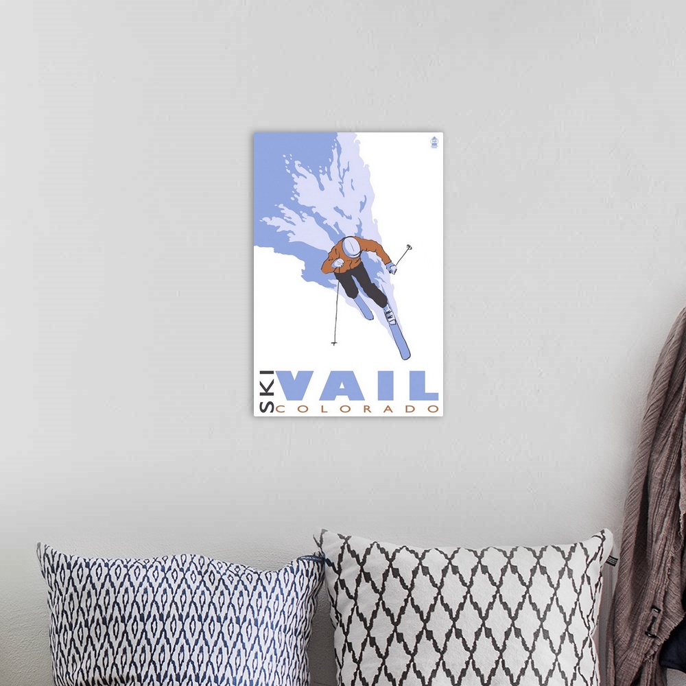 A bohemian room featuring Vail, CO - Stylized Skier: Retro Travel Poster