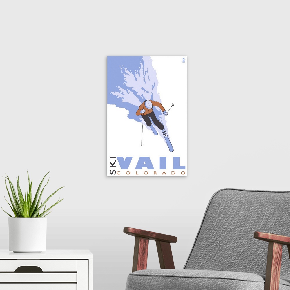 A modern room featuring Vail, CO - Stylized Skier: Retro Travel Poster