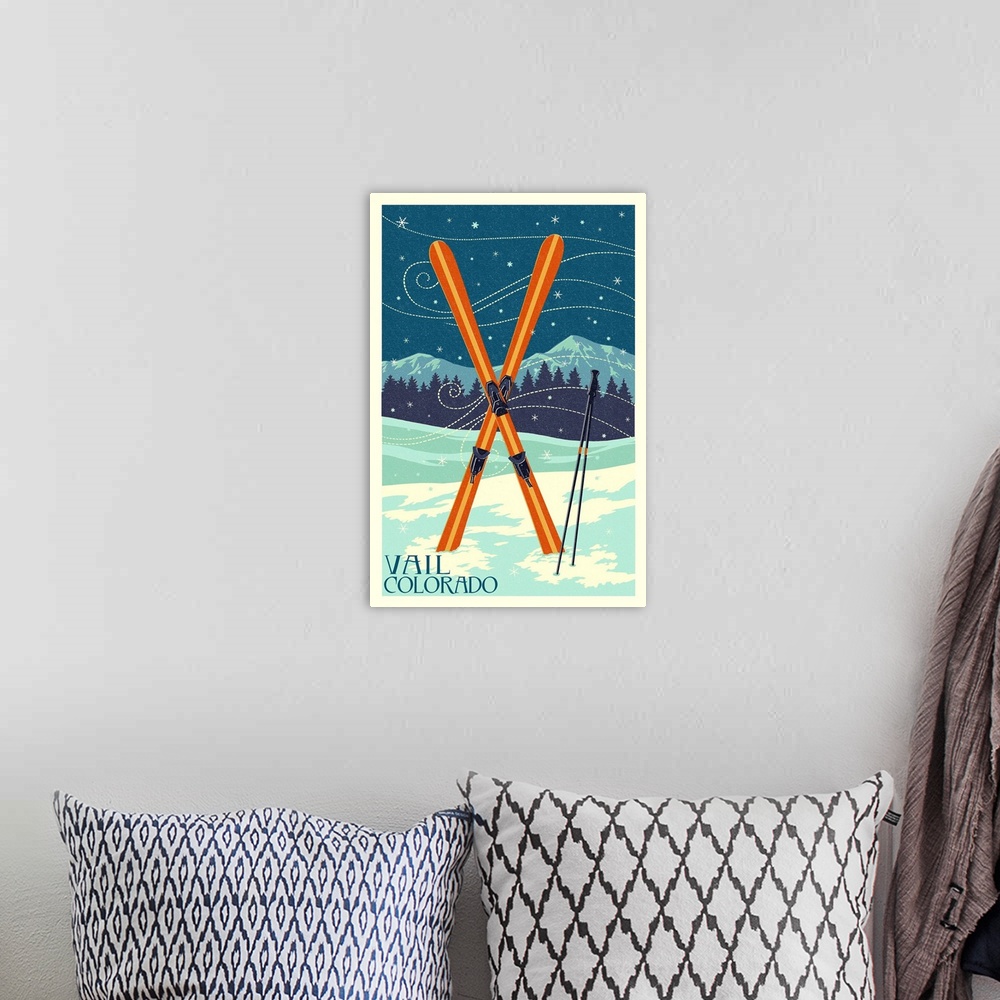 A bohemian room featuring Vail, Colorado - Crossed Skis - Letterpress: Retro Travel Poster