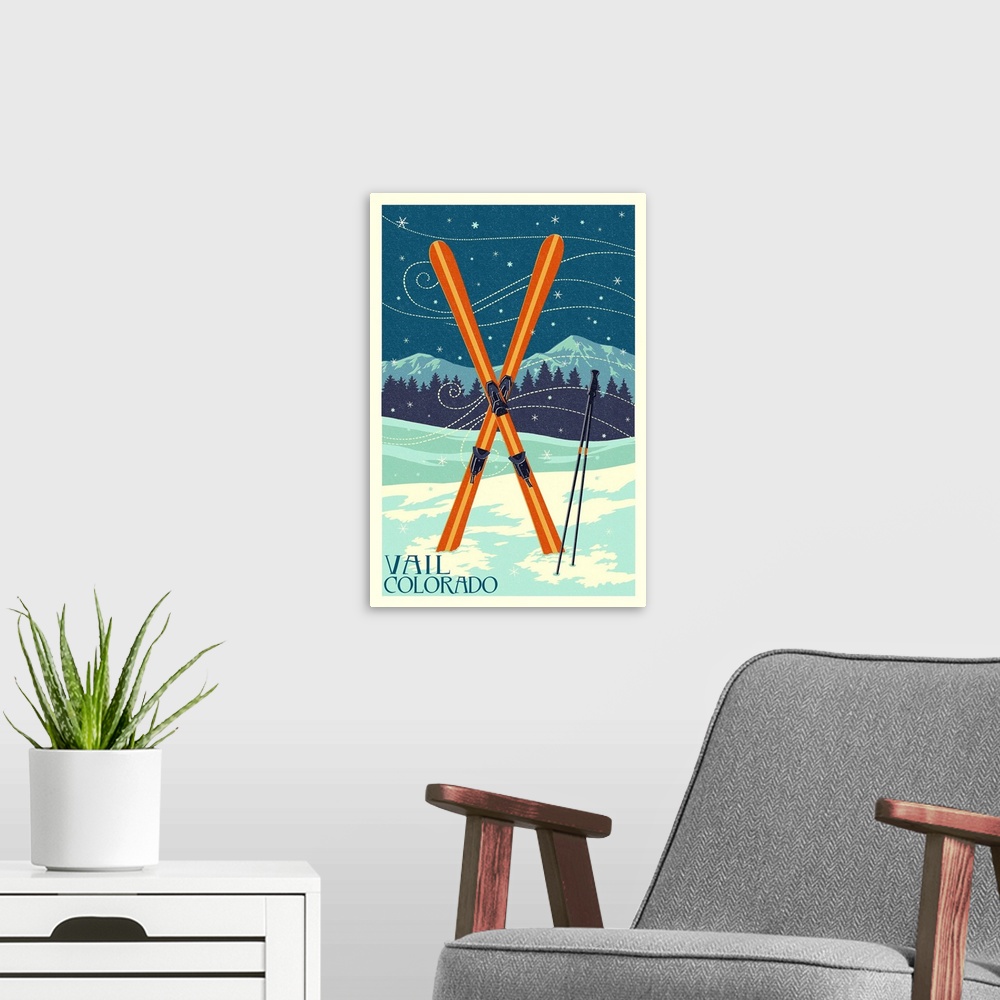 A modern room featuring Vail, Colorado - Crossed Skis - Letterpress: Retro Travel Poster