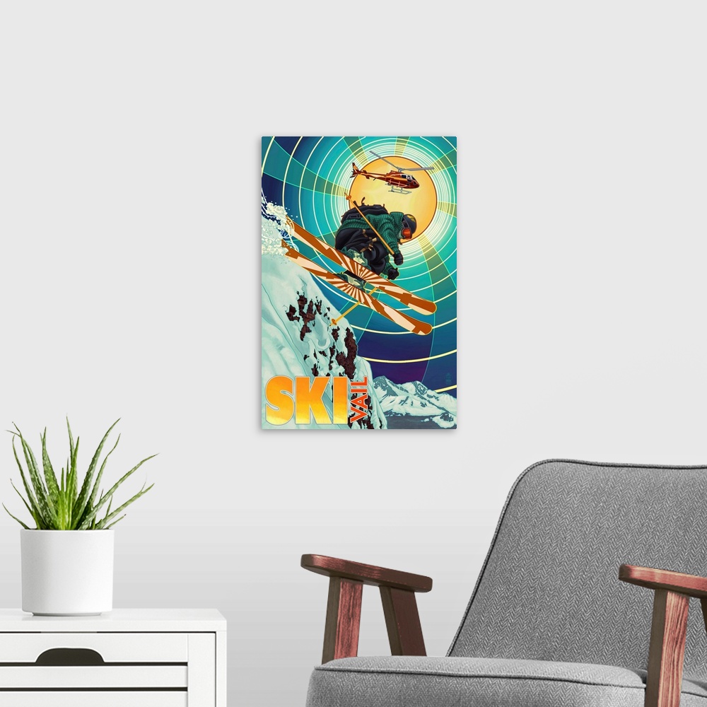 A modern room featuring Vail, Colorado -  Heli-Skiing: Retro Travel Poster
