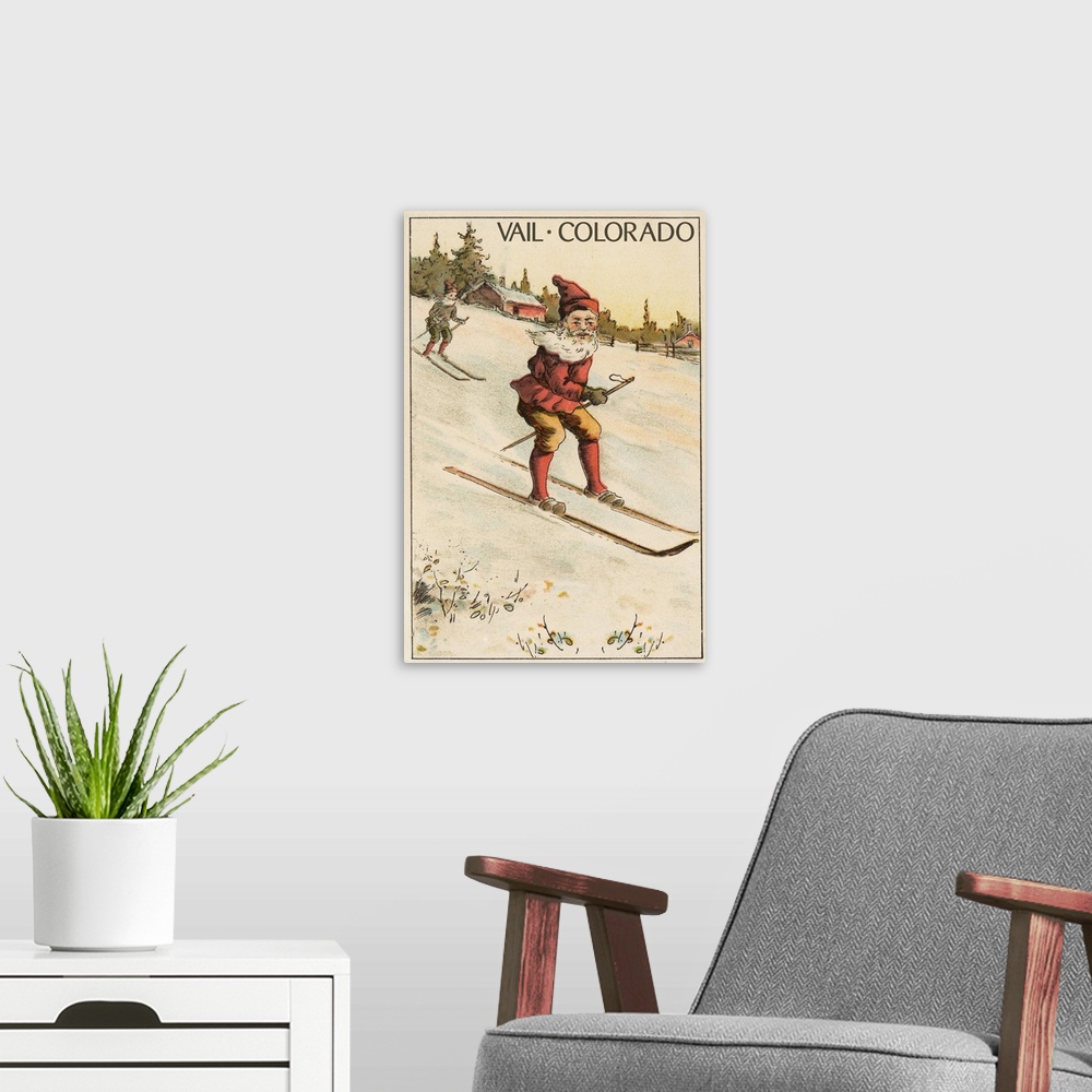 A modern room featuring Vail, Colorado - Santa Skiing: Retro Travel Poster