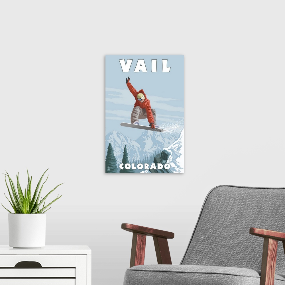 A modern room featuring Vail, Colorado - Snowboarder Jumping: Retro Travel Poster
