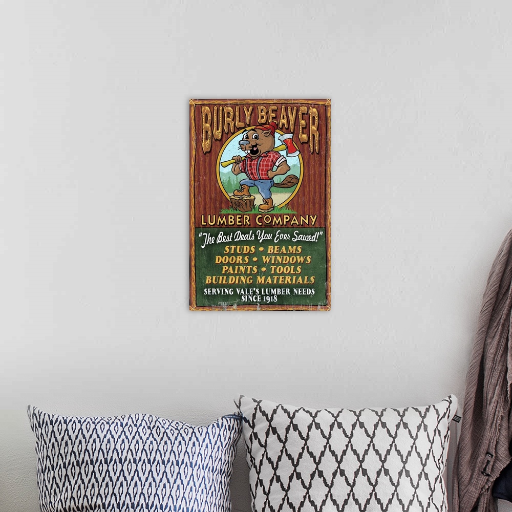 A bohemian room featuring Vale, Oregon - Burley Beaver Lumber Company Vintage Sign: Retro Travel Poster
