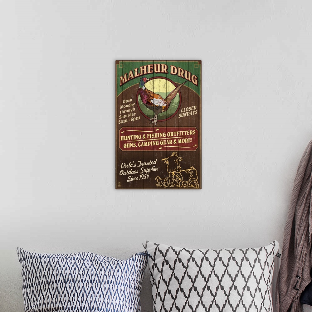 A bohemian room featuring Vale, Oregon - Malheur Drug Pheasant Vintage Sign: Retro Travel Poster