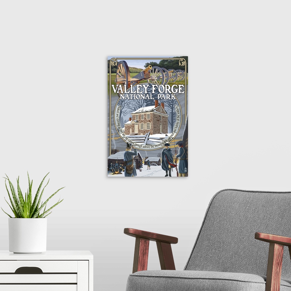 A modern room featuring Retro stylized art poster of a montage of images from an old historic town.