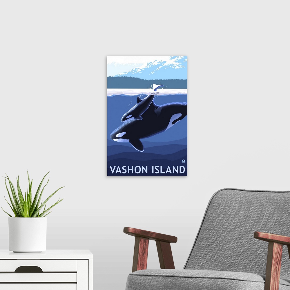 A modern room featuring Vashon Island, WA - Orca and Calf: Retro Travel Poster
