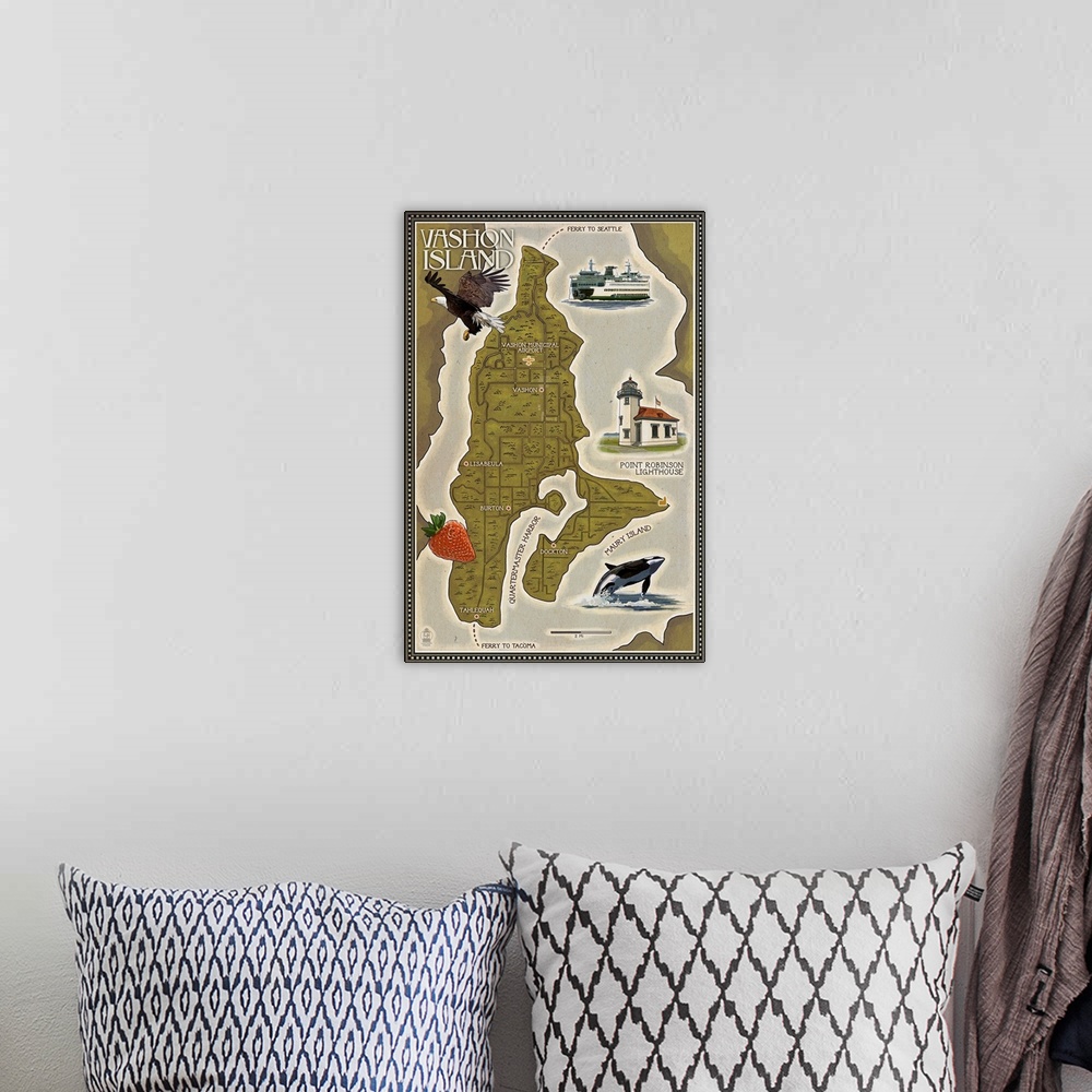 A bohemian room featuring Stylized art poster showing scenes from the local area around a map of Vashon Island.